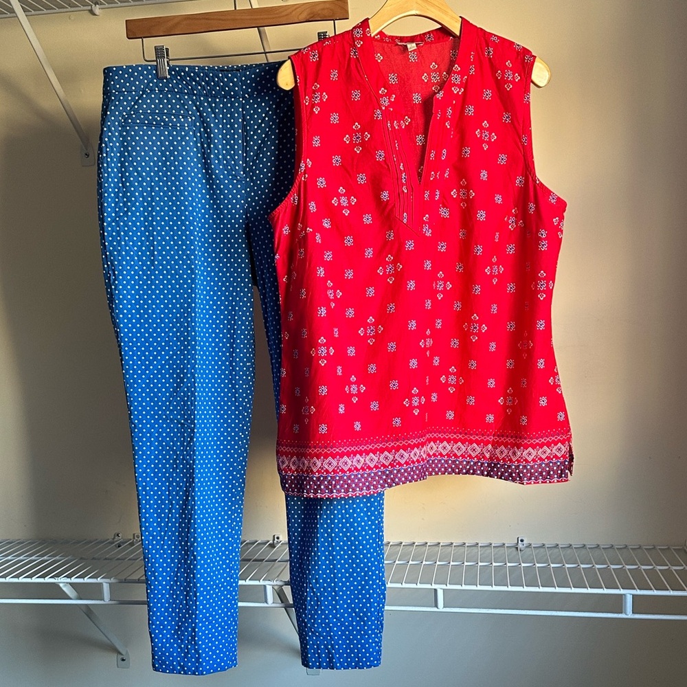 Talbots Summer Outfit Set Blue Polka Dot Pants & Red Sleeveless Blouse 10/L